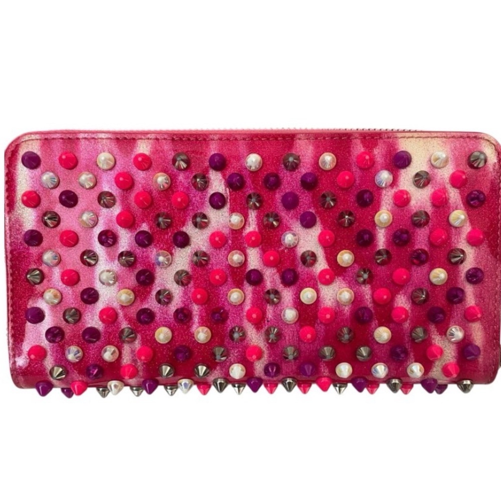 Christian Louboutin Pink Fuchsia Panettone Studded Zip-Around Wallet EUC